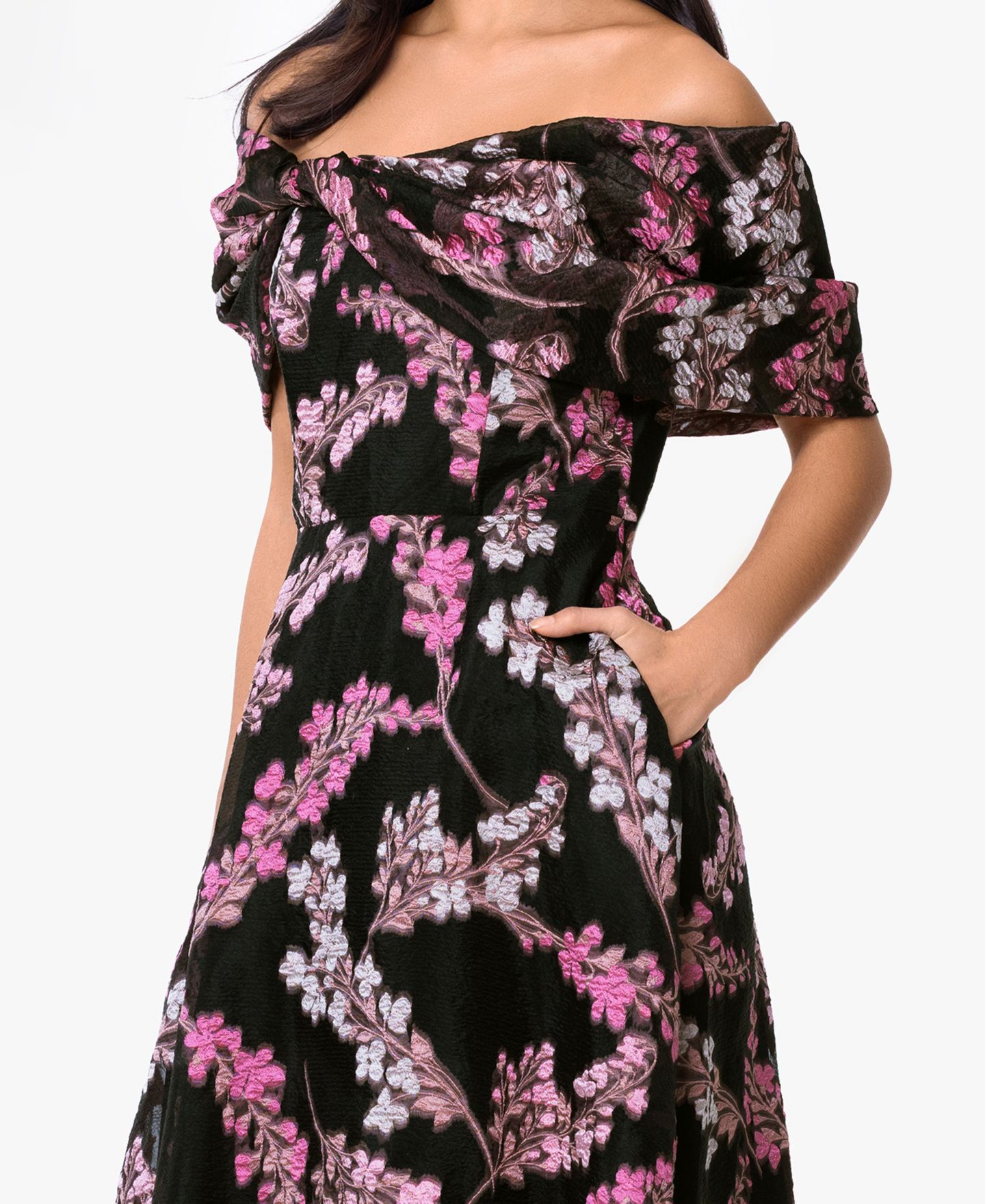 Женское платье Betsy & Adam Off-The-Shoulder Twist, цвет: Чёрный / Розовый — фото 3