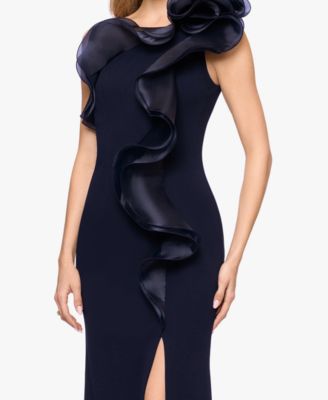 Women's Scuba Crepe Organza-Ruffle Long Dress