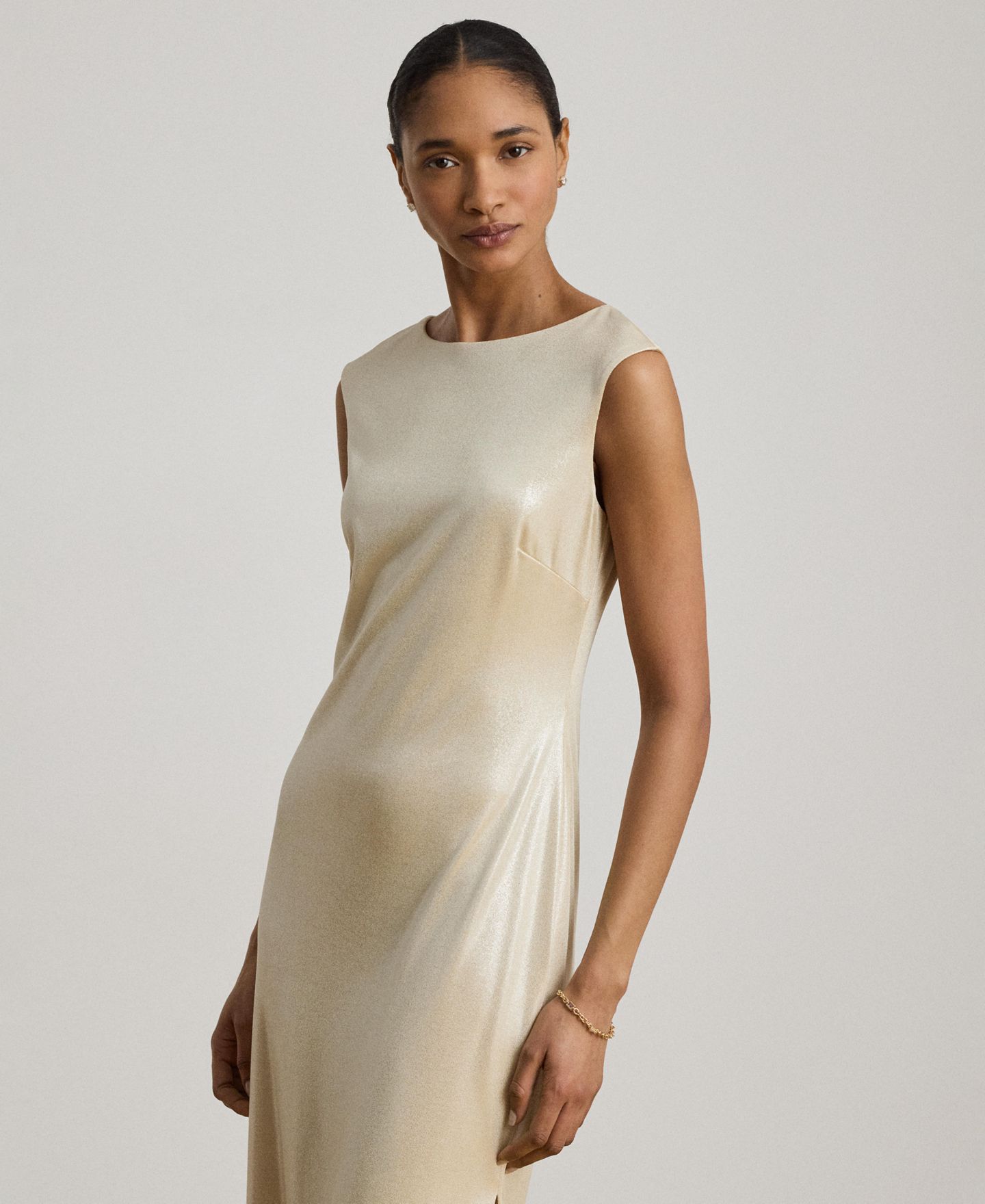 Женские платья Lauren Ralph Lauren Metallic Jersey Boatneck Gown, цвет: Шампань / Серебряный — фото 2