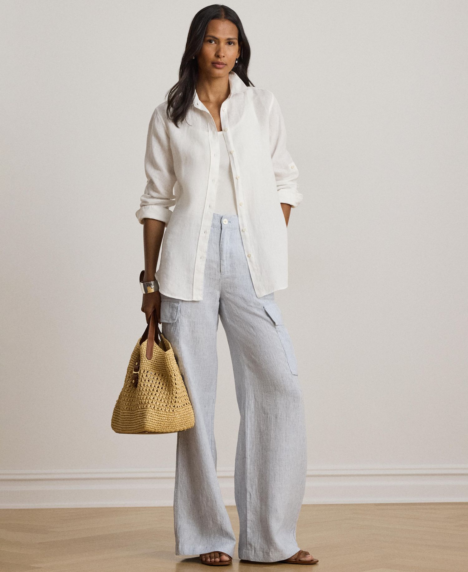 Women's High-Rise Pinstripe Wide-Leg Cargo Pants