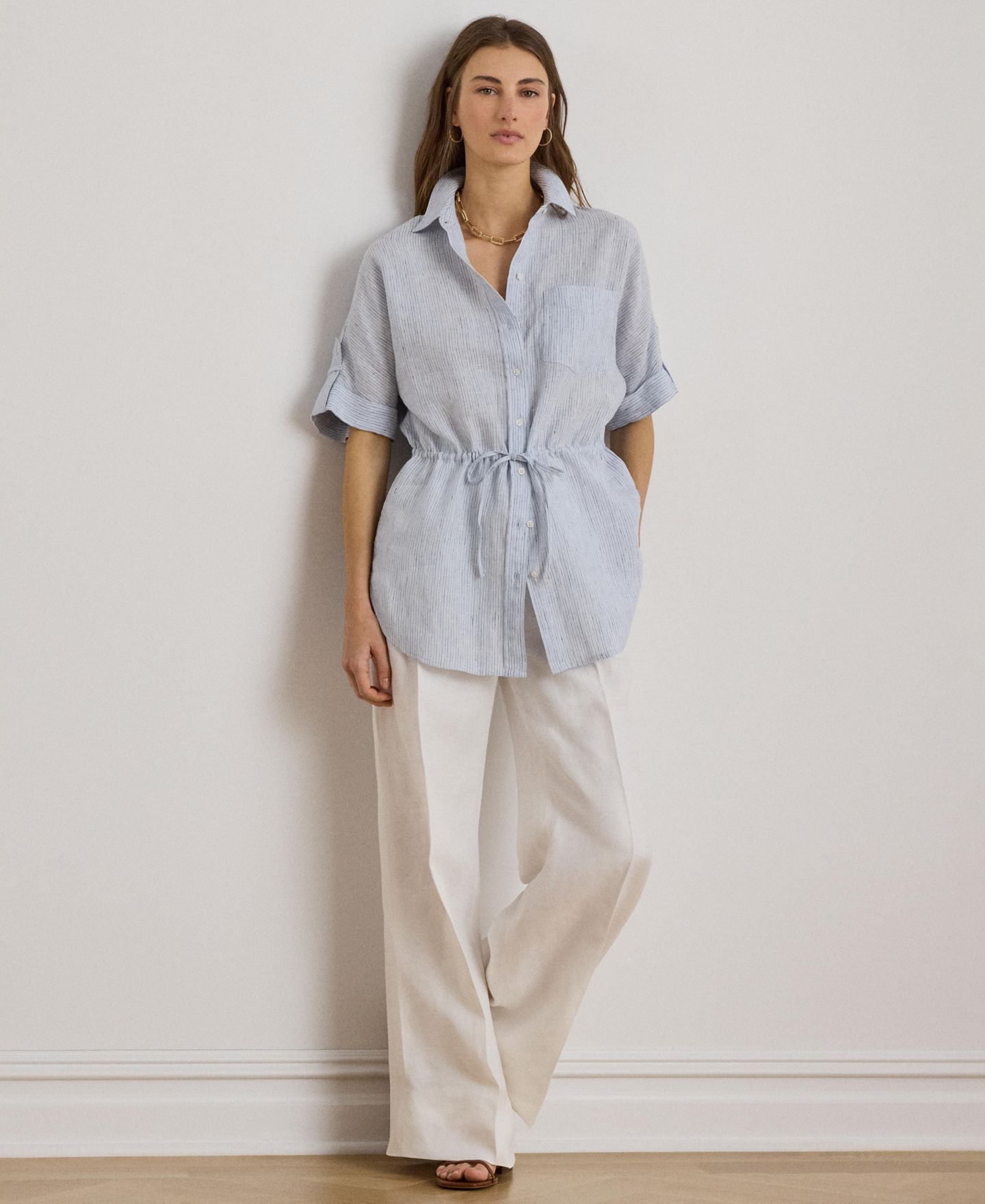 Женская рубашка Lauren Ralph Lauren Point Collar Striped Roll-Tab-Sleeve Tunic, цвет: Синий разноцветный — фото 3