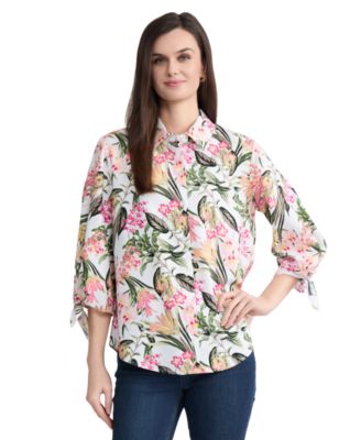 Women's Collared Printed Tie-Sleeve Shirt