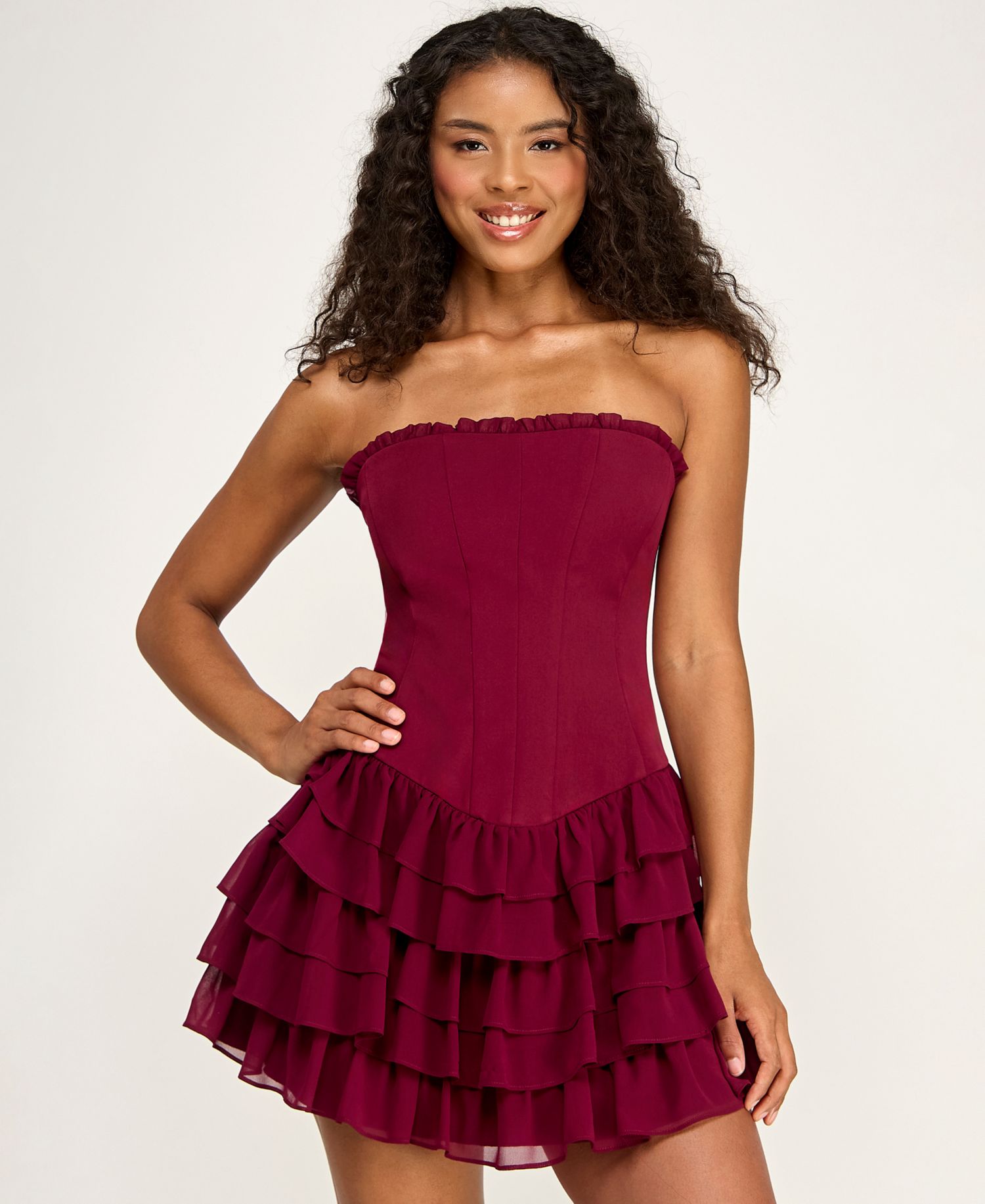 Juniors' Strapless Tiered Ruffle Mini Dress