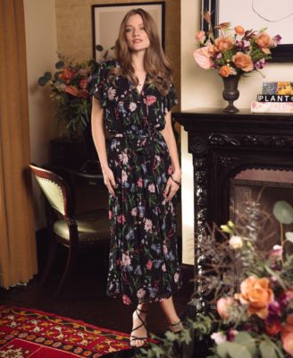 Women's Ruffle Detail Tie Neck Midi Dress