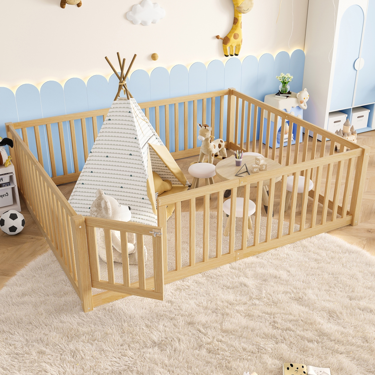 Streamdale Furniture Queen Size Bed Floor Bed with Safety Guardrails and Door for Kids