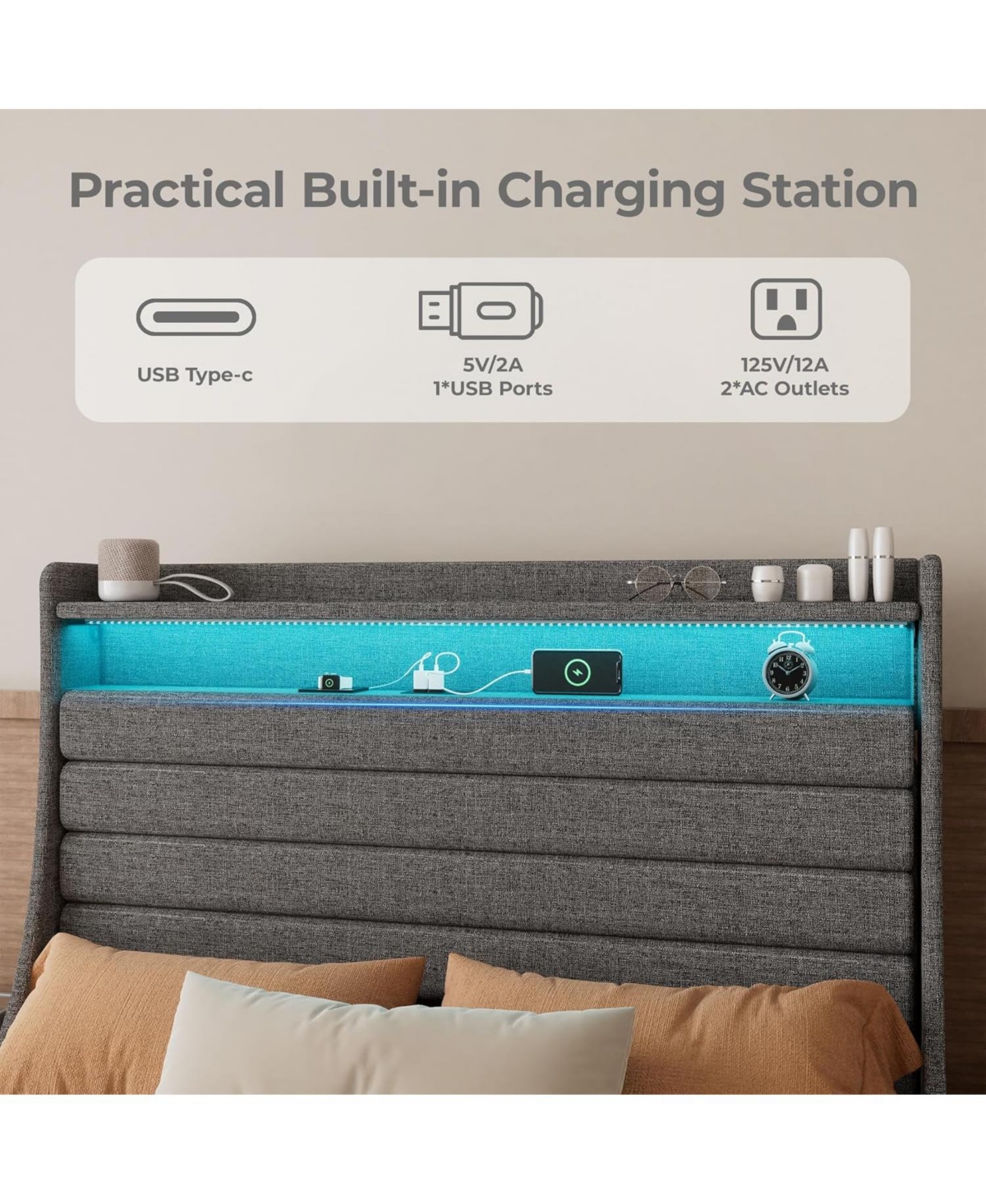 gaomon Led Bed Frame with Charging Station, Wooden Platform Upholstered Headboard and Slat Support, No Noise