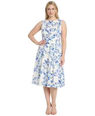 Plus Size Printed Jewel Neck Eyelet Midi Dress