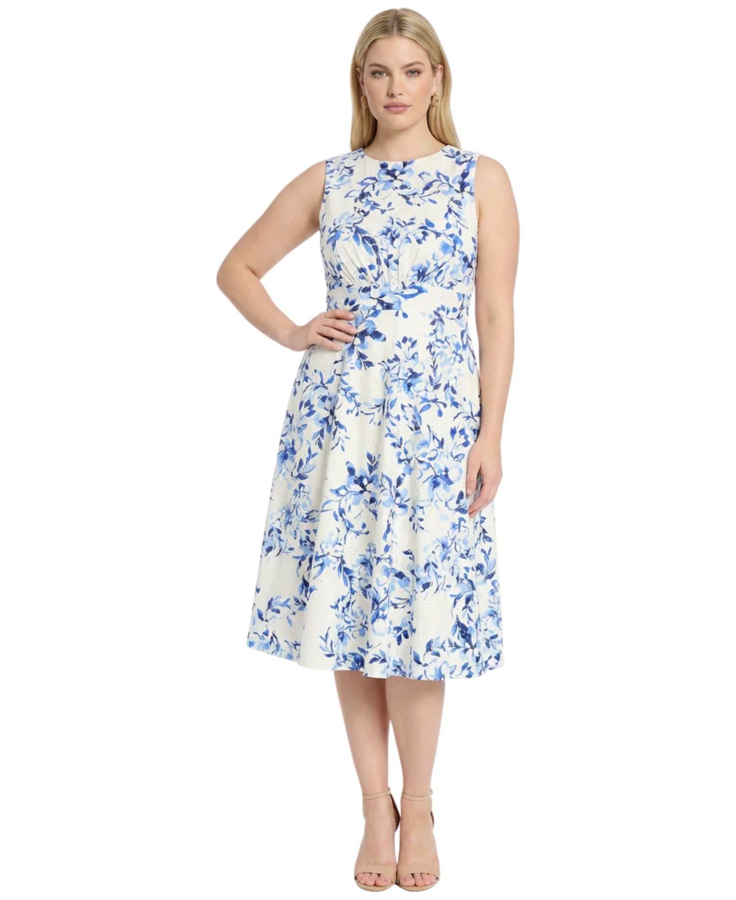 Plus Size Printed Jewel Neck Eyelet Midi Dress