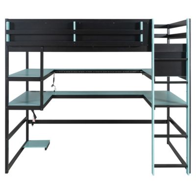 Wood Loft Bed with Desk, Storage, RGB Light