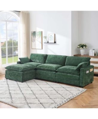Chenille Modular Combo Sofa, Modern 3-Seater L-Shaped Sofa with Ottoman, 2 Cushions, Side Pockets