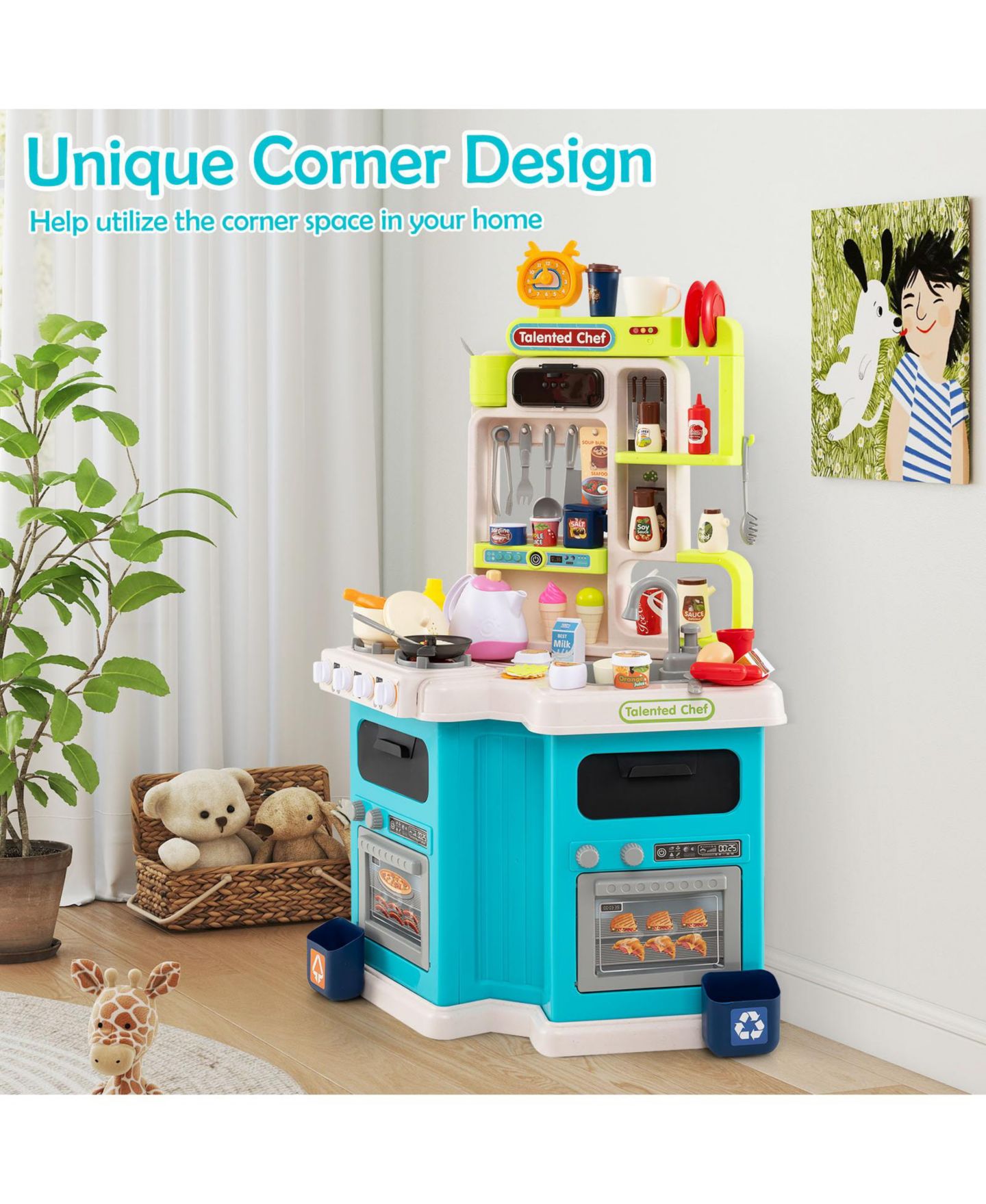 Детские игрушки Slickblue Realistic Lights and Sounds Corner Play Kitchen 114-Piece Set, Ages 3+, цвет: Синий — фото 7