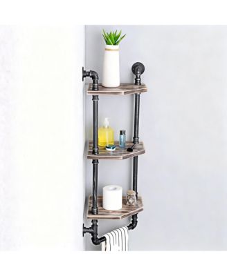 Industrial Pipe Shelf Rustic Corner Metal Wood Bathroom Wall Mounted Towel Bar