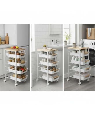 5-Tier Slim Rolling Storage Cart Wooden Top Pull-Out Baskets Narrow Space Organizer for Kitchen Bathroom Laundry
