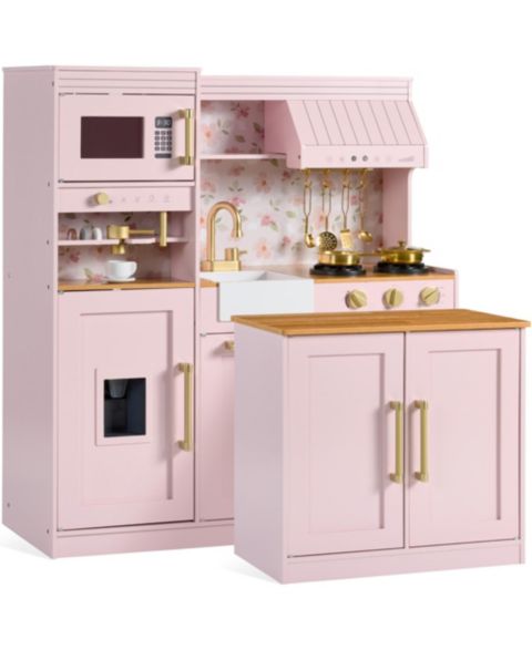 Детские игрушки Best Choice Products Deluxe Light-Up Espresso Machine Kitchen and Island, 2-Piece Set, Ages 3+, цвет: Розовый