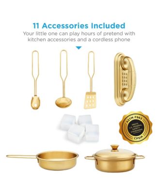 Pretend Play Kitchen Wooden Toy Set for Kids w/ Telephone, Utensils, Oven, Microwave