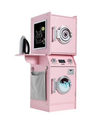 Pretend Play Kids Wooden Stacked Washer and Dryer Set w/ Toy Laundry Storage and Accessories