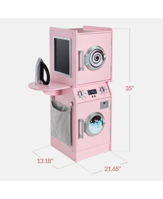 Pretend Play Kids Wooden Stacked Washer and Dryer Set w/ Toy Laundry Storage and Accessories