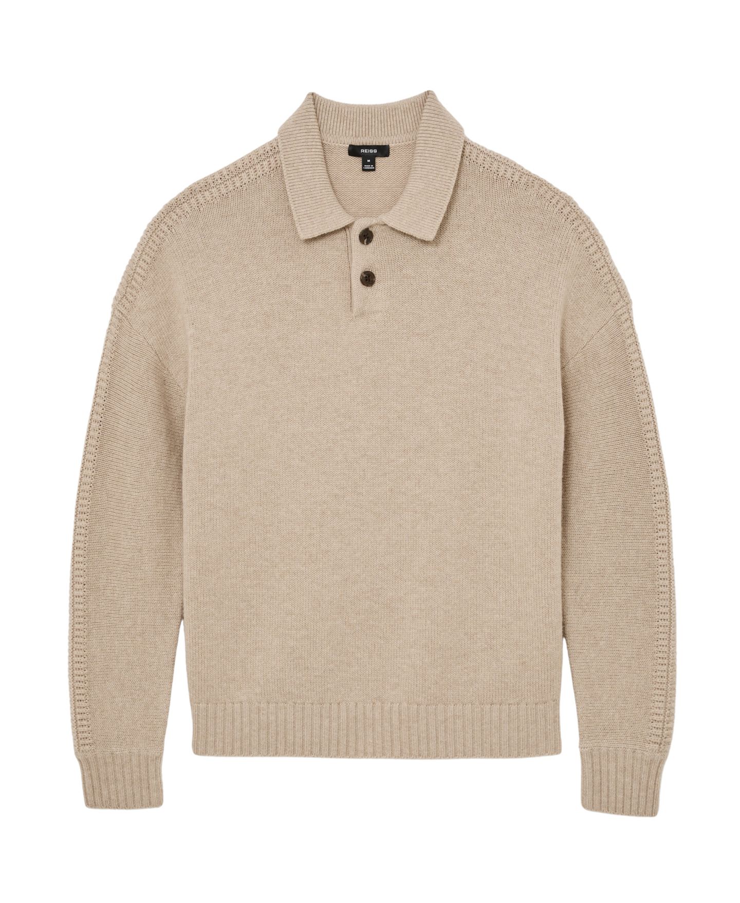 Мужской свитер REISS Elm Wool-Blend Half-Button Polo Jumper, цвет: Овсяный — фото 3