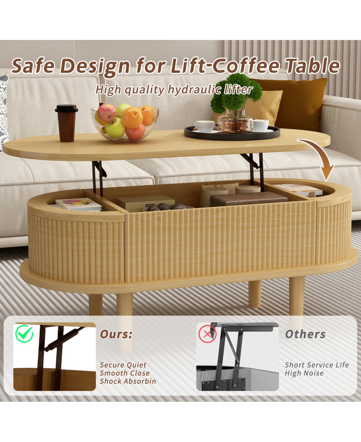 Rainsken Fluted Lift-Top Oval Wood Center Table with Hidden Storage