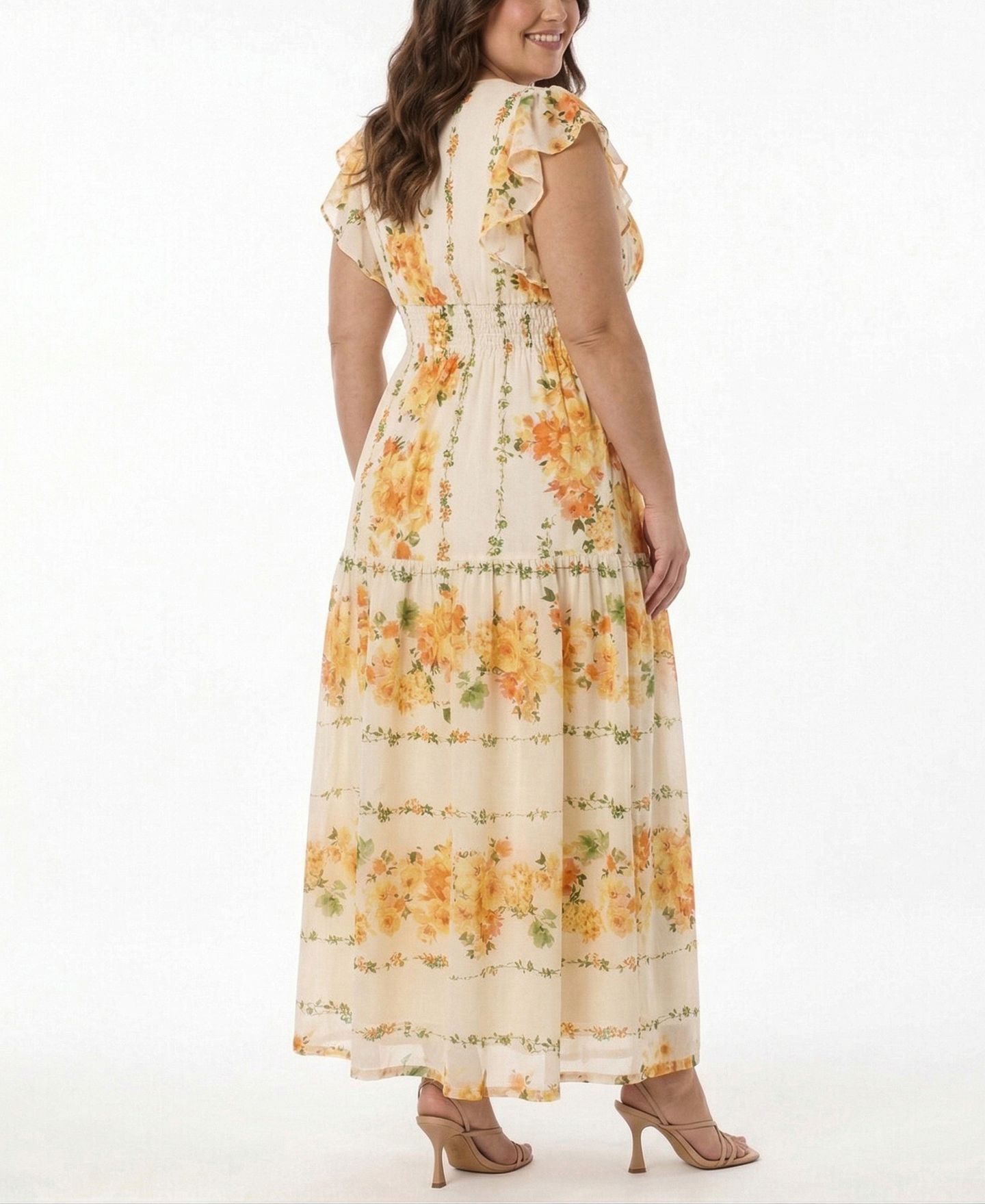 Женское платье Taylor Plus Size Floral-Print Flutter-Sleeve Maxi, цвет: Кремовый оранжевый — фото 3