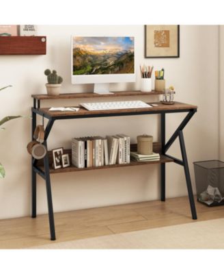Space Saving Computer Desk with Monitor Stand and Extra Storage Shelf for Work Study-Rustic Brown