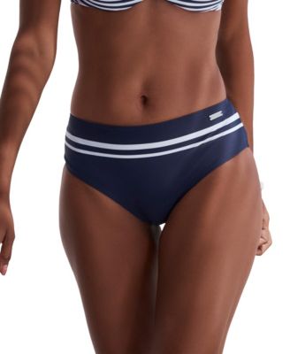 Women's Striped Insert Mid Rise Bikini Swimsuit Bottom
