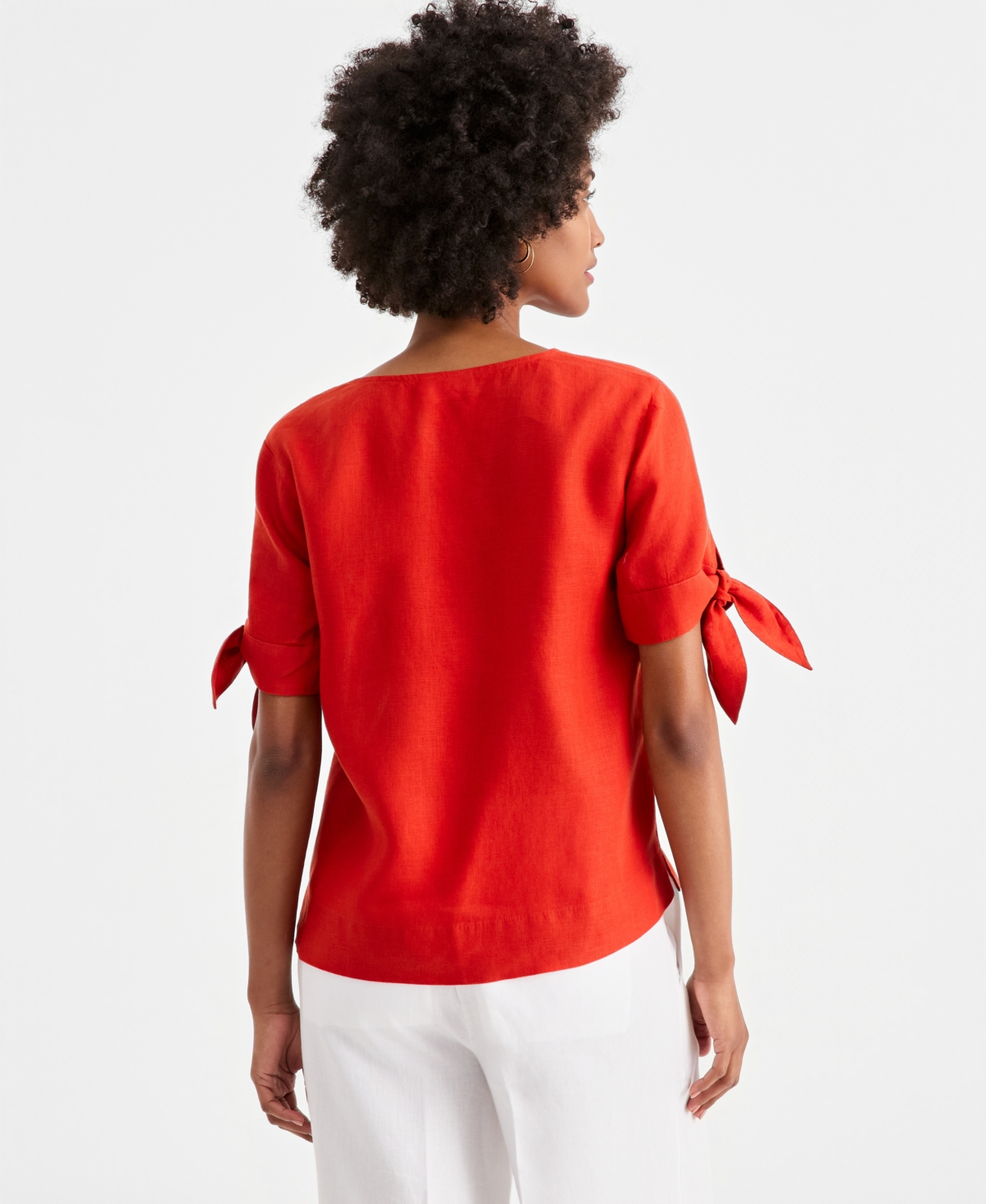 Charter Club Women's 100% Linen Split-Neck Tie-Cuff Top, Created for Macy's