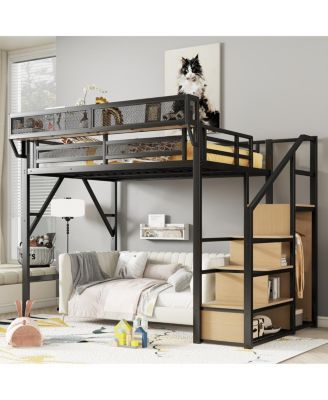 Full Size Loft Bed with Stairs, Metal, Wardrobe