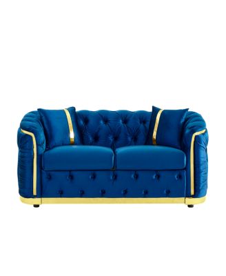 Mid Century Modern Chesterfield Loveseat Couch, Velvet Blue & Gold Tufted Sofa