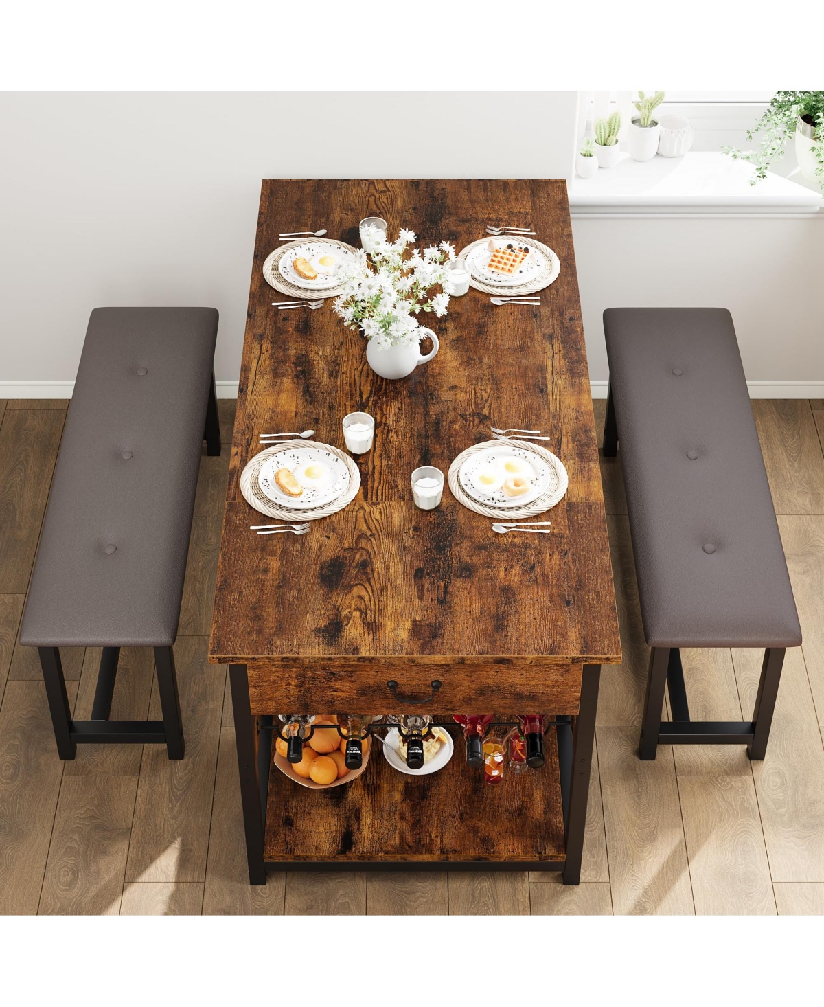 gaomon 4-Person Space-Saving Dining Set with Wine Rack and Drawer