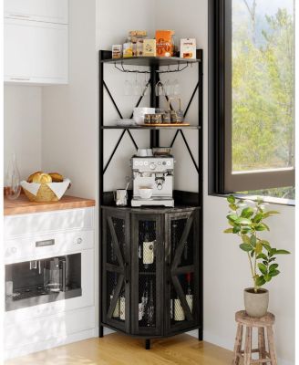 Corner Wine Cabinet with Power Outlet, LED Strip and Glass Holder, Industrial 5 Tier Liquor Bar Cabinet