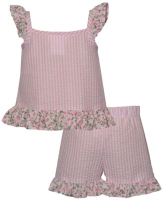 Girls' Flamingo Seersucker Flutter Sleeve Top and Shorts, 2-Piece Set