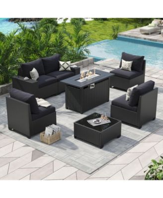 7-Piece Wicker Outdoor Sectional Sofa Set with Black Cushions with 44" Propane Fire Pit Table