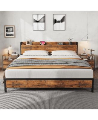 Metal Bed Frame with Charging Station, Wood Headboard and Footboard, Heavy-Duty Platform