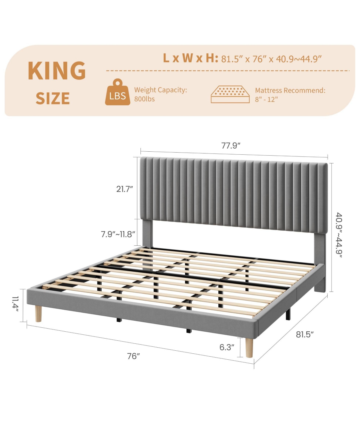 Homfan Velvet Bed Frame, Vertical Channel Tufted Headboard, Height Adjustable