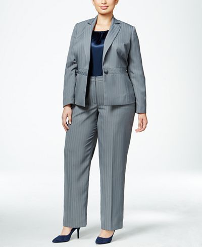 Le Suit Plus Size Three-Piece One-Button Striped Pantsuit
