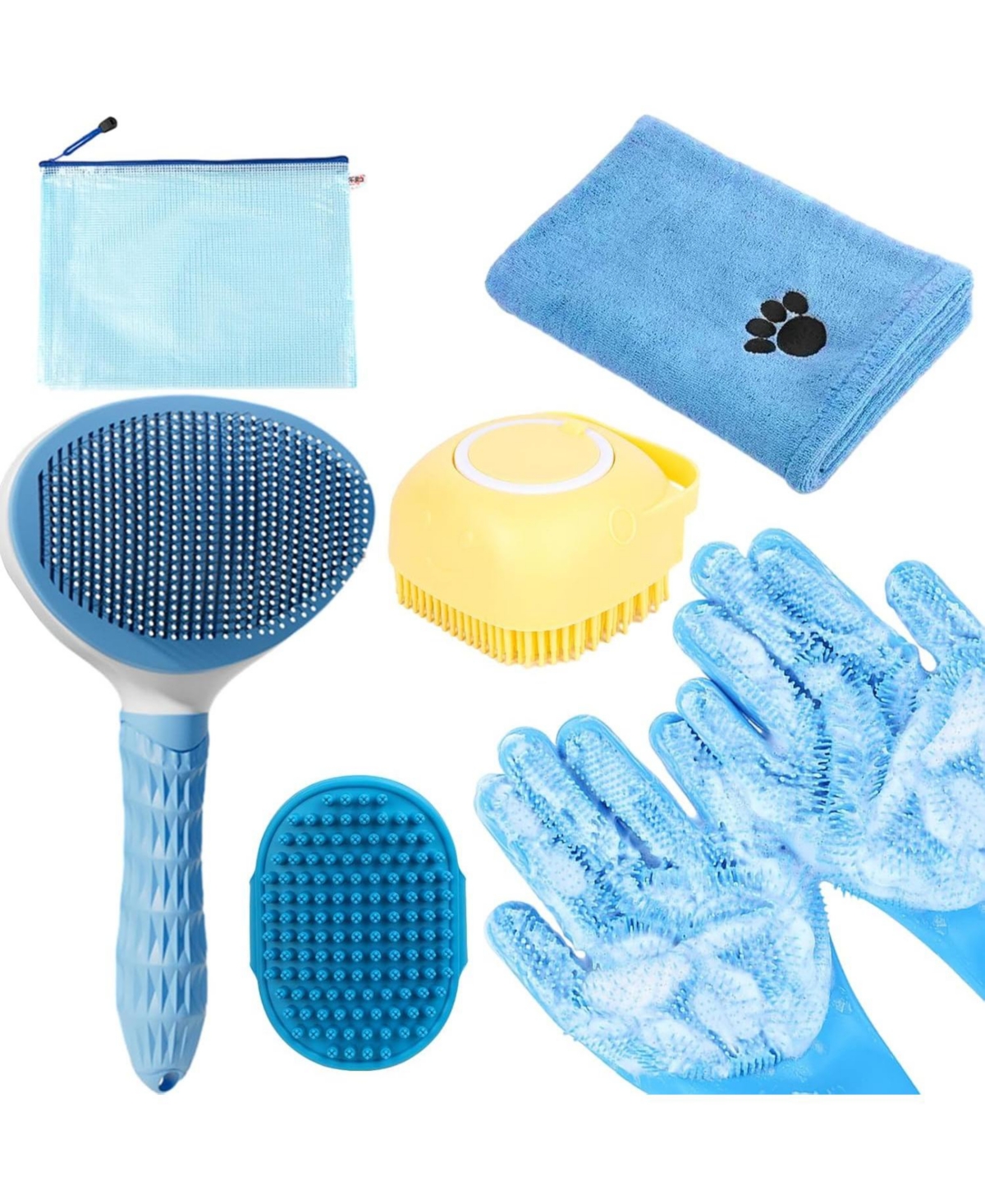 Aronkl Multi Piece Pet Grooming Kit with Hair Brush, Washing Gloves, Slicker Brush and Shampoo Scrubber - Blue