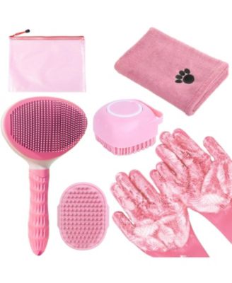 Aronkl Multi Piece Pet Grooming Kit with Hair Brush Washing Gloves Slicker Brush and Shampoo Scrubber - Pink 92$