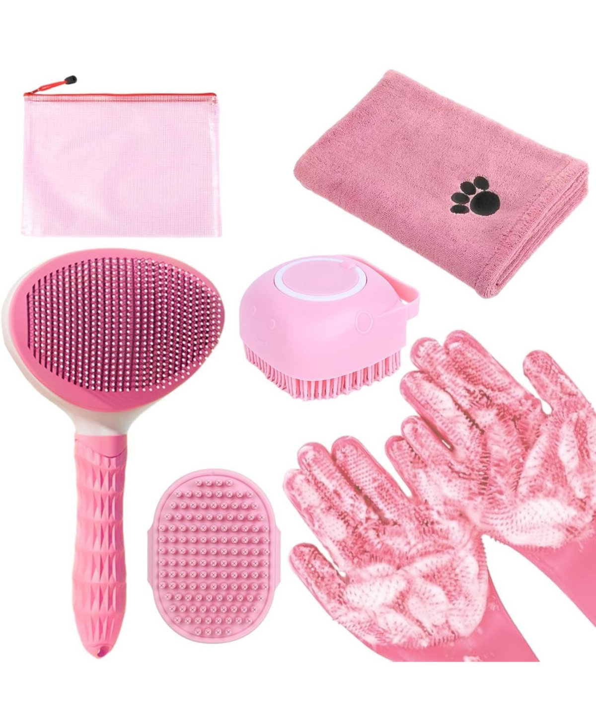 Aronkl Multi Piece Pet Grooming Kit with Hair Brush, Washing Gloves, Slicker Brush and Shampoo Scrubber - Pink