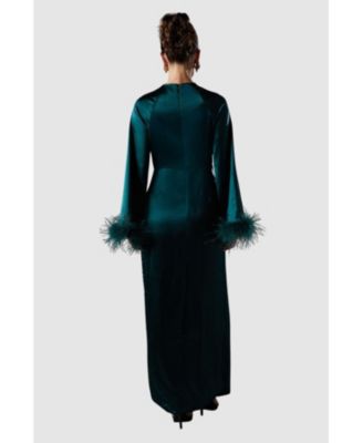 Women's Feather Trim Satin Maxi Dress