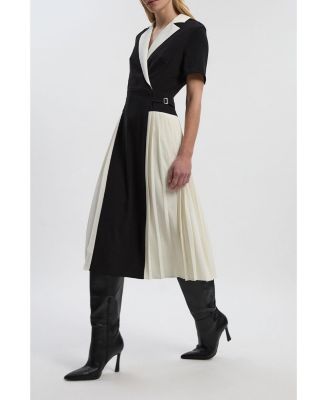 Women's Tailored Crepe Pleated Midi Shirt Dress