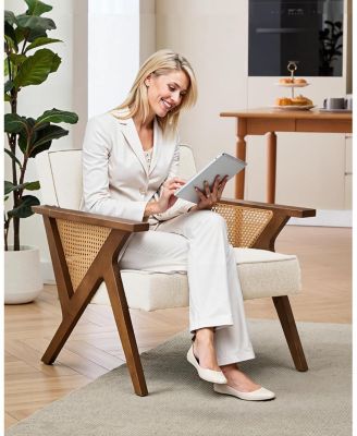 Mid-Century Modern Accent Chair,Linen Upholstered Vintage Rattan Vanity Chair Cute Reading Arm Chair Wood Frame for Lounge,Living Room,Bedroom.