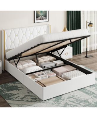 Full Lift-Up Storage Bed Frame with Tufted Headboard and Gold Trim, Upholstered Platform