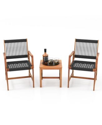 3 Pieces Solid Acacia Wood Patio Set All-Weather Rope Woven Chair Garden Poolside