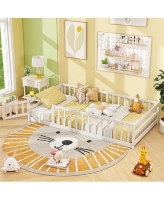 Twin Size Kids Montessori Floor Bed with Lockable Door and Fence Guardrails