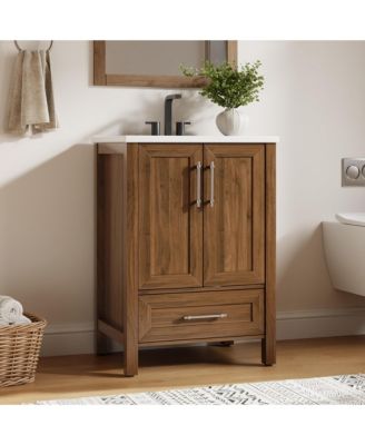 Bathroom Vanity with Ceramic Sink, Bathroom Storage Cabinet with Drawer and 2 Soft Closing Doors, Single Sink Bathroom Vanity with Integral Top