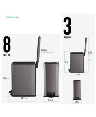 8 Gallon and 3 Gallon Slim Stainless Steel Trash Can Combo Set with Step Pedals and Soft Close Lids