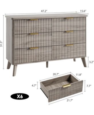 Modern Fluted 6-Drawer Dresser, Curved Profile with Handles for Bedroom