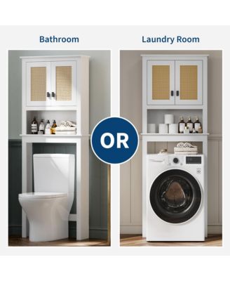Over Toilet Storage Cabinet with Rattan Doors and Adjustable Shelf, Farmhouse Bathroom Organizer with Open Shelf