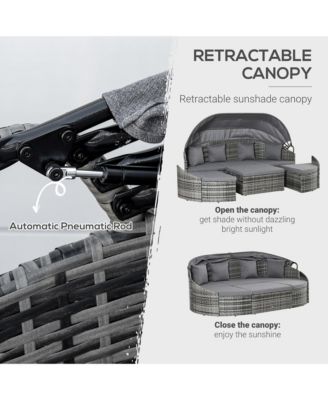 4-Piece Outdoor Rattan Furniture Set, Round Convertible Patio Daybed or Sunbed, Sectional Sofa with Canopy, Pillows, Cushions, Footrest, Table, PE Plastic Wicker, Grey